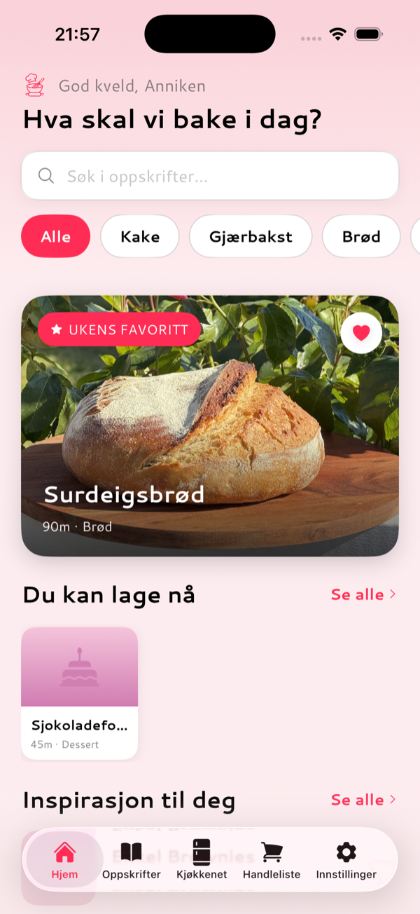 BakeVenn forside med ukens favoritt og kategorier