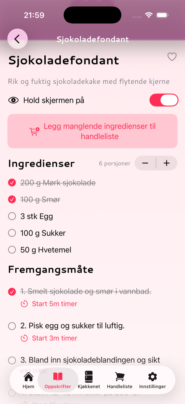 Oppskrift steg for steg med avkryssing og baketimer